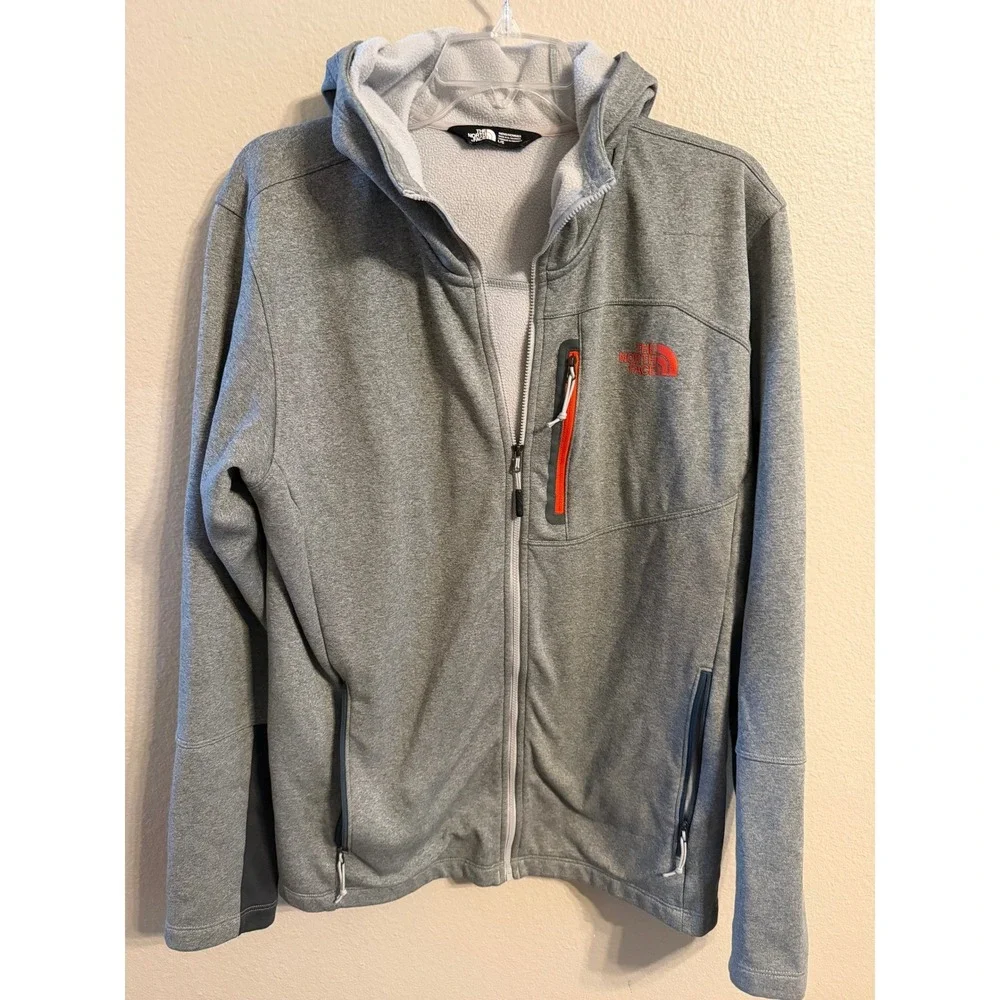 The North Face Full Zip Hoodie Mens Large Gray Excellent Orange Trim Fleece